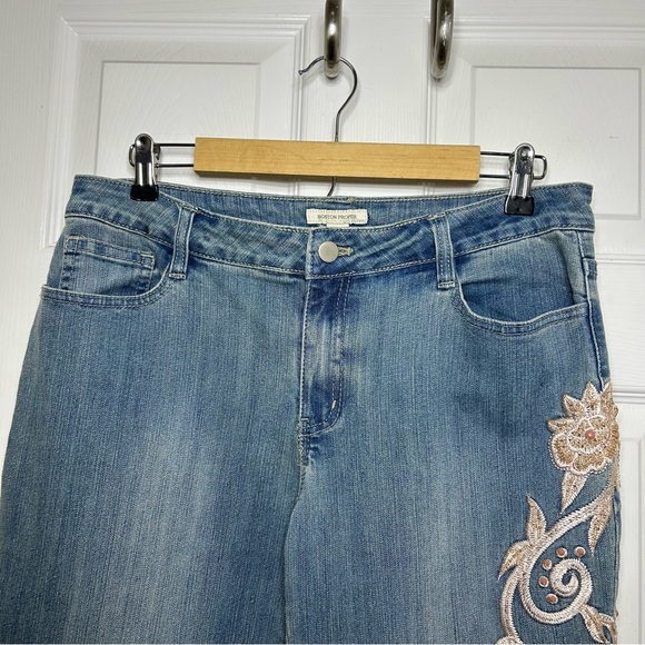 Boston Proper Stretch Blue Wash Mid Rise Flare Bead Embroidery Floral Jeans 12 - Picture 3 of 16